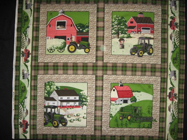 Four Fabric Pillow Panels Set John Deere Farm for Quilt and Sewing