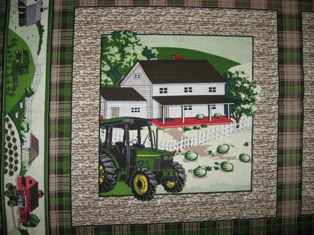 Image 1 of Four Fabric Pillow Panels Set John Deere Farm for Quilt and Sewing