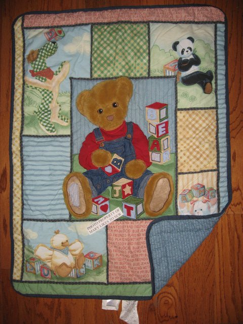 Image 0 of Daisy Kingdom Blue Jean Teddy with toys Cotton Baby crib quilt finished edge