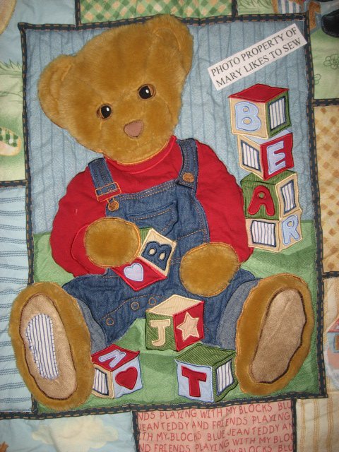 Image 1 of Daisy Kingdom Blue Jean Teddy with toys Cotton Baby crib quilt finished edge
