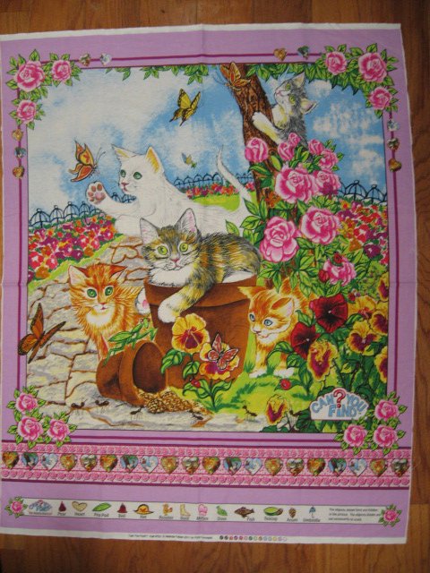 Cats Kittens in a flower garden fabric crib or wall panel to sew