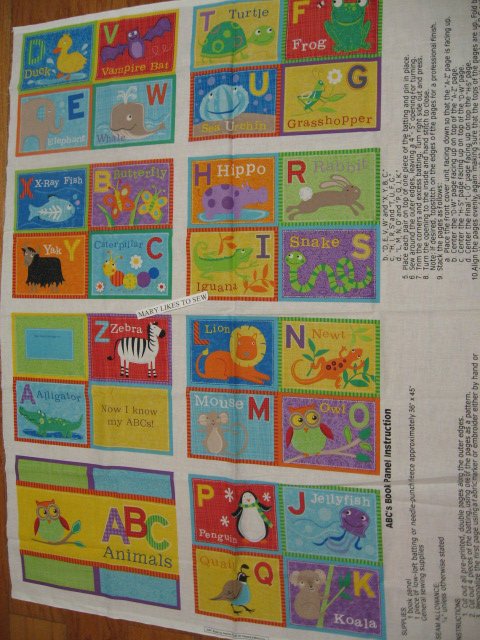 Alphabet ABC Animals baby Soft book 100% cotton fabric Panel To Sew/ 