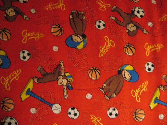 Image 0 of Curious George red sports baseball soccer red cotton Fabric by the yard