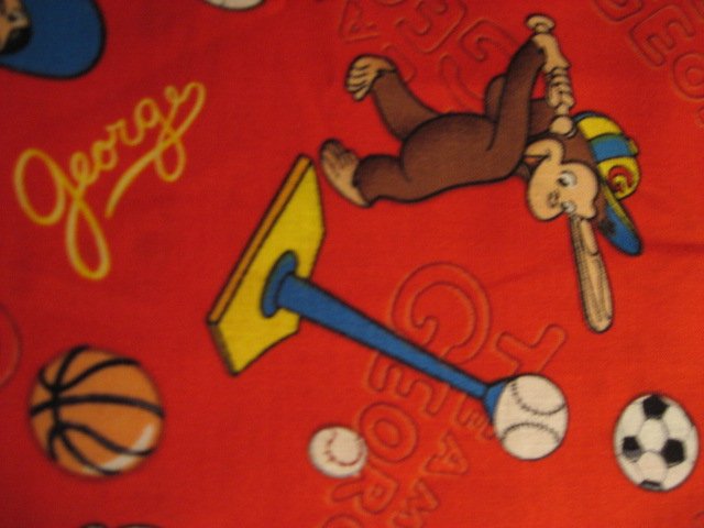 Image 2 of Curious George red sports baseball soccer red cotton Fabric by the yard