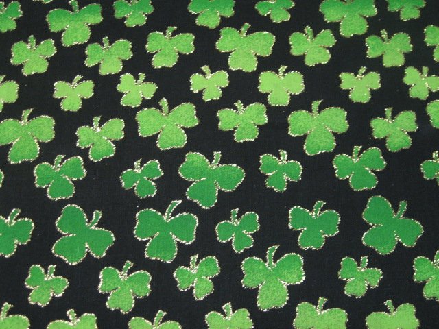 St Patrick's Day Shamrocks with gold glitter Black cotton Quilt Fabric to sew