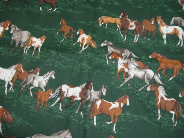 Horses running in beautiful green grass pasture VIP Cotton Fabric By the yard