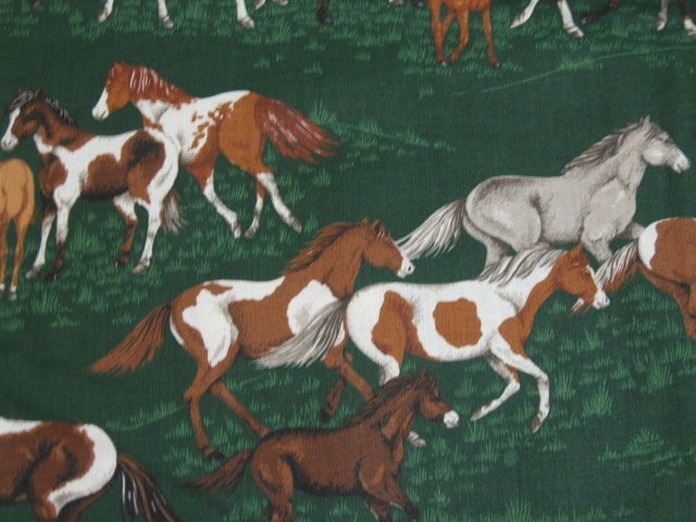 Image 1 of Horses running in beautiful green grass pasture VIP Cotton Fabric By the yard