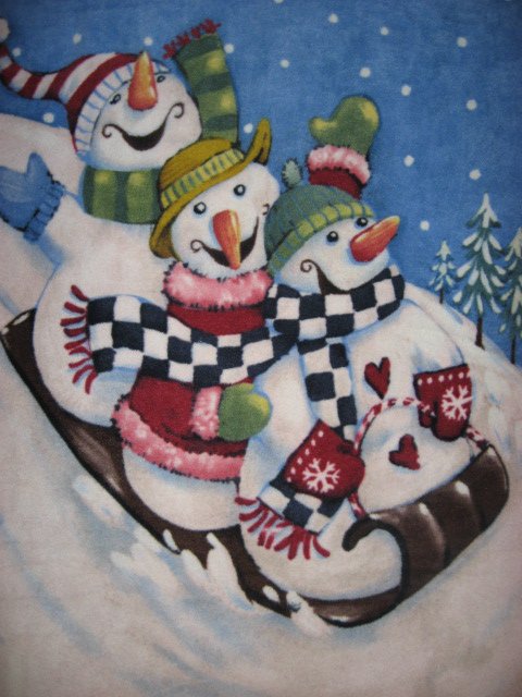 Image 1 of Snowmen on a toboggan fleece blanket