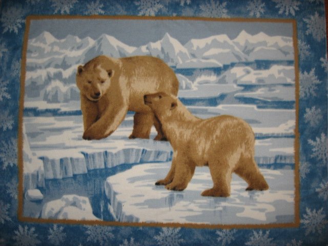 Mother and baby Polar bears on ice fleece blanket 48X62