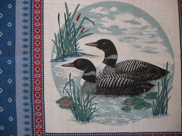 Image 1 of Loons on a lake with cattails set of 2 Pillow Panels of 100% cotton Fabric 