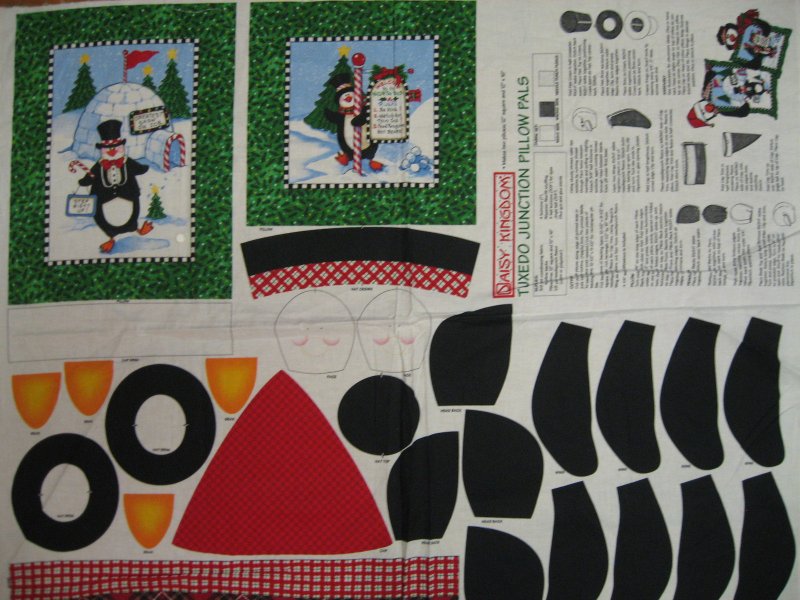 Christmas Penguins to stuff and attach to cotton Fabric Pillow Panels to sew