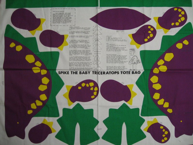 Image 0 of Spike Baby Triceratops animal dinosaur purple tote bag fabric Panel to sew RARE 