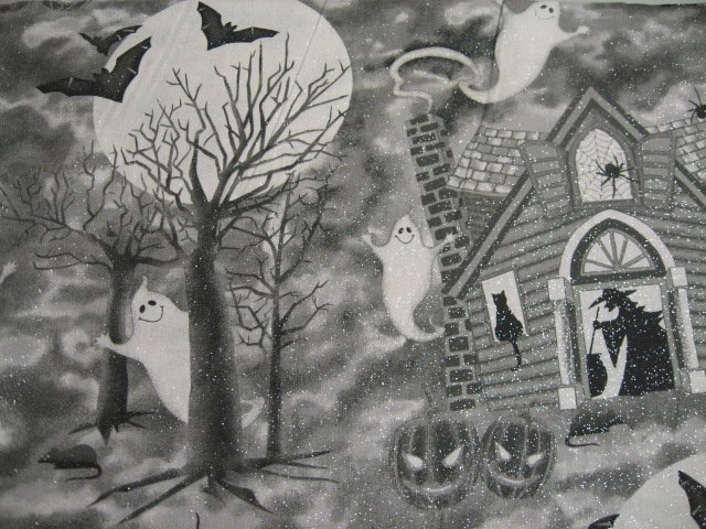 Halloween ghosts Witches and bats on Silver Glitter RARE 1/2 yard Cotton fabric