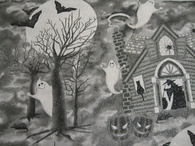 Image 0 of Halloween ghosts Witches and bats on Silver Glitter RARE 1/2 yard Cotton fabric