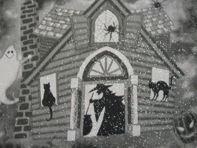 Image 1 of Halloween ghosts Witches and bats on Silver Glitter RARE 1/2 yard Cotton fabric