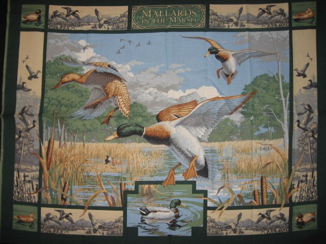 Mallard Ducks birds and cattails in a marsh sewing cotton Fabric wall panel //