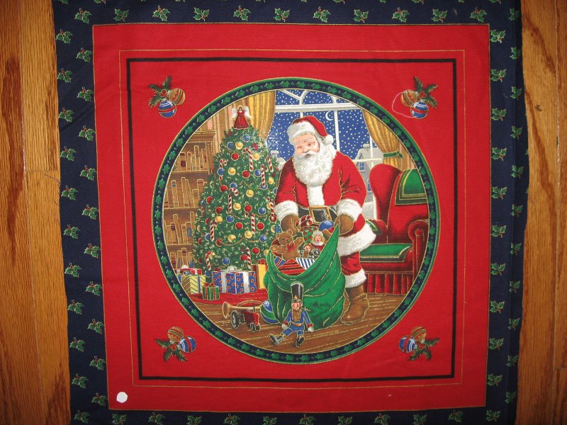 Old world Christmas Santa relaxing and giving toys 2 Gilded Pillow panels to sew
