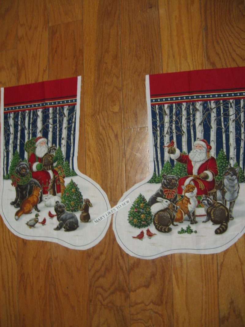 Image 0 of Old world Santa in woods and animals Christmas Stocking Fabric Panel Rare 1980's