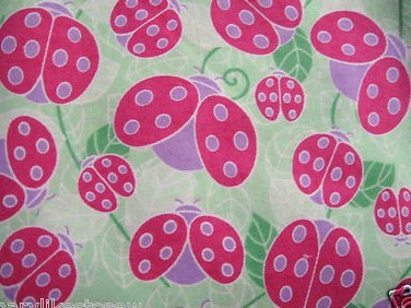 Lilac and Rose Ladybug and leafs on Green Flannel Receiving Blanket handmade