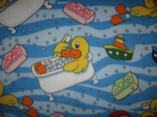 Ducks in bath tub soap bubbles  scrub brush baby or toddler fleece blanket