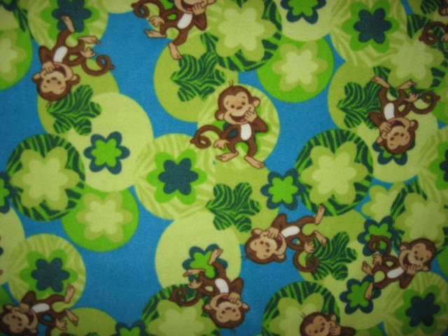 Image 1 of Whimsical Monkey and flowers toddler drag along Blue fleece blanket