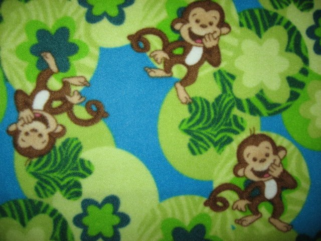 Image 2 of Whimsical Monkey and flowers toddler drag along Blue fleece blanket
