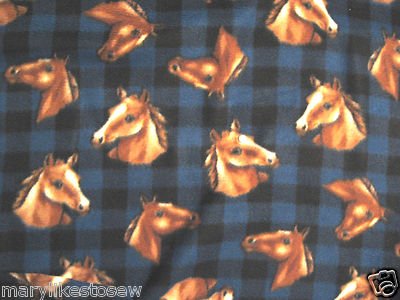Image 0 of Horse heads Blue and black plaid fleece blanket throw 