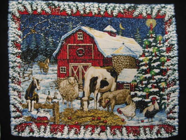 Image 0 of Farm Fabric wall Panel  Barn animals Cow Horse Pig Sheep Rooster Winter snow / 