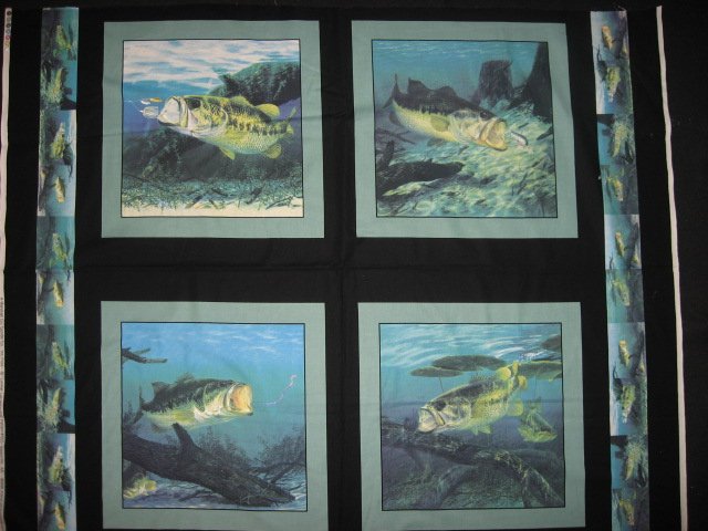 Large mouth Bass Fabric Pillow Panel Set of four black border