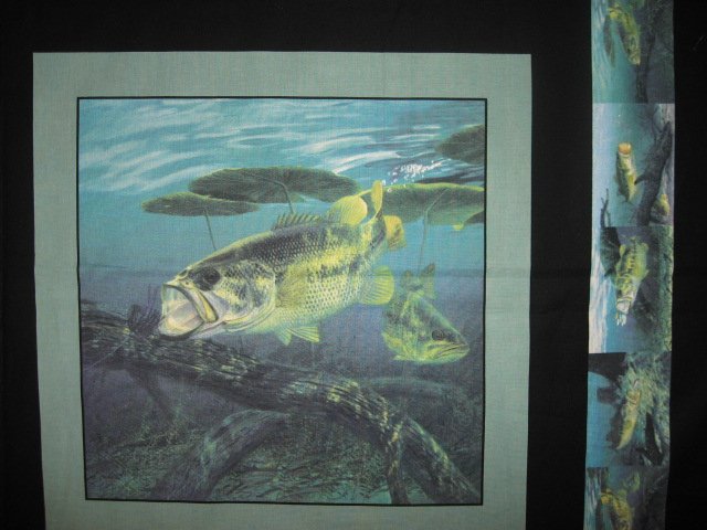 Image 1 of Large mouth Bass Fabric Pillow Panel Set of four black border