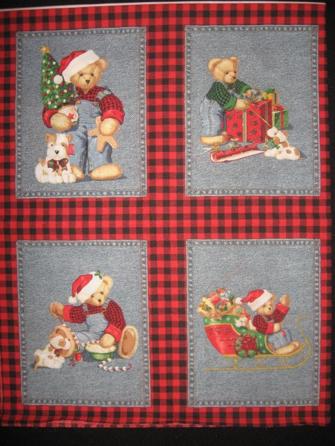 Image 0 of Blue Jean Teddy Bear Christmas 4 cotton Fabric Pillow panels RARE to sew SET #2