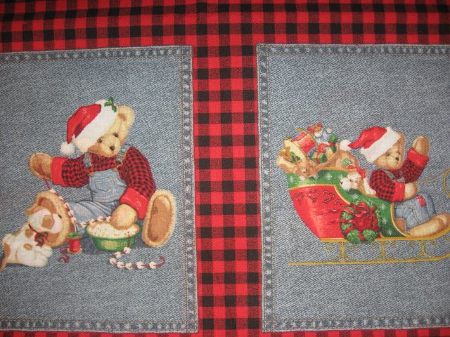 Image 1 of Blue Jean Teddy Bear Christmas 4 cotton Fabric Pillow panels RARE to sew SET #2