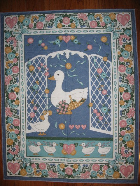 Image 0 of Two ducks and flowers crib quilt fabric panel finished edges for baby   
