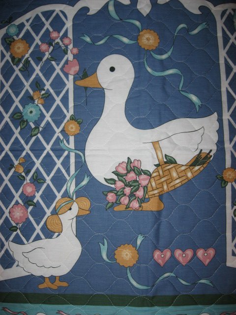 Image 1 of Two ducks and flowers crib quilt fabric panel finished edges for baby   