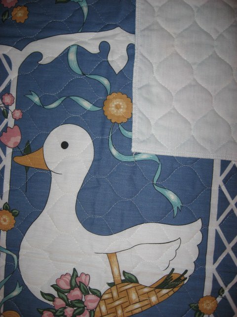 Image 2 of Two ducks and flowers crib quilt fabric panel finished edges for baby   