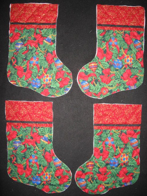 Image 0 of Ornaments and bows 4 pieces Prequilted fabric Christmas stockings to sew