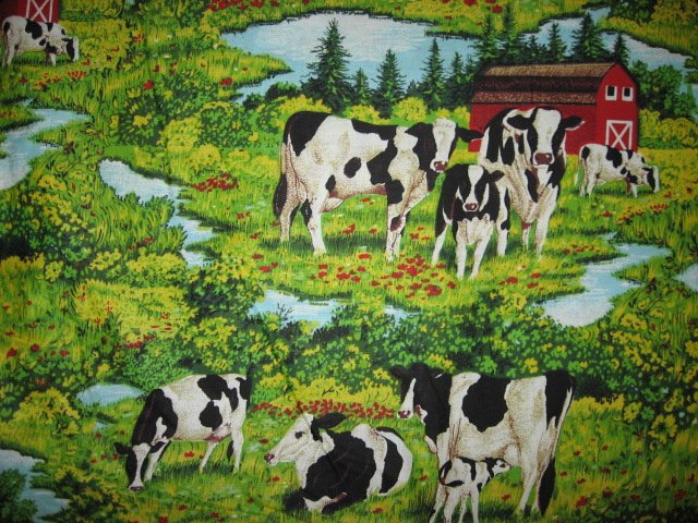Cows Farm Barn Stream yellow green Grass sewing quilt fabric 