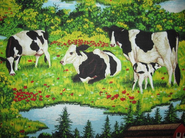 Image 1 of Cows Farm Barn Stream yellow green Grass sewing quilt fabric 
