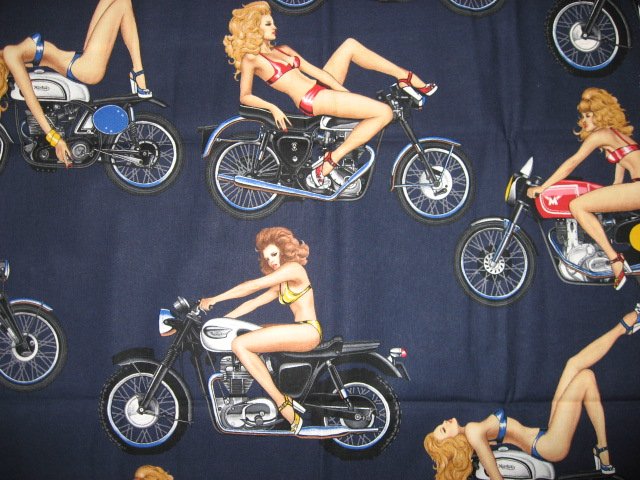 Image 0 of Sexy Motorcycle Pinup Girl Biker Fabric 1/4 yard out of print 2006