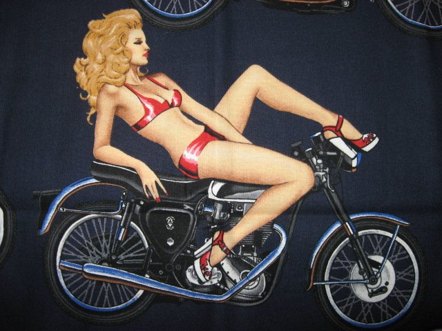 Image 4 of Sexy Motorcycle Pinup Girl Biker Fabric 1/4 yard out of print 2006