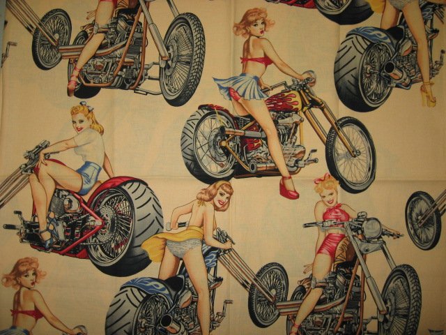 Image 0 of Sexy Motorcycle Pinup Girl Biker Beige Fabric 1/4 yard out of print 2003