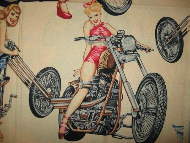Image 1 of Sexy Motorcycle Pinup Girl Biker Beige Fabric 1/4 yard out of print 2003