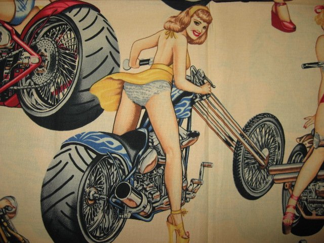 Image 2 of Sexy Motorcycle Pinup Girl Biker Beige Fabric 1/4 yard out of print 2003