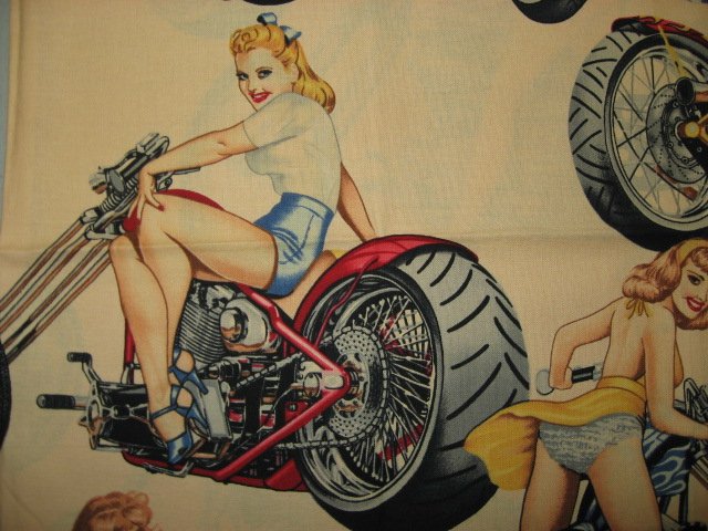 Image 3 of Sexy Motorcycle Pinup Girl Biker Beige Fabric 1/4 yard out of print 2003