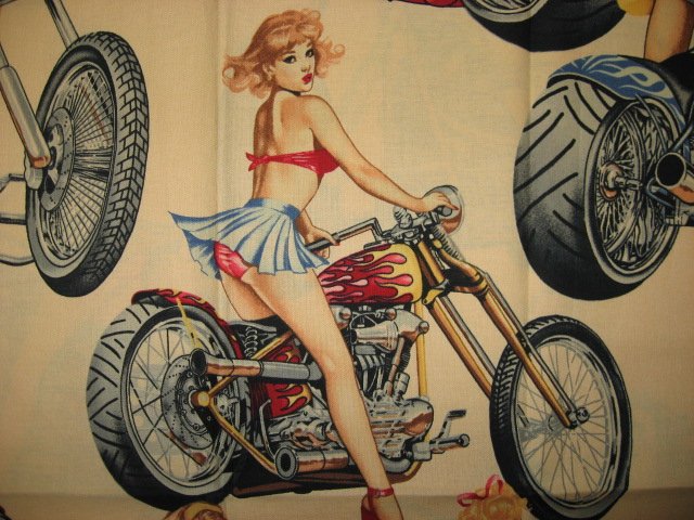 Image 4 of Sexy Motorcycle Pinup Girl Biker Beige Fabric 1/4 yard out of print 2003
