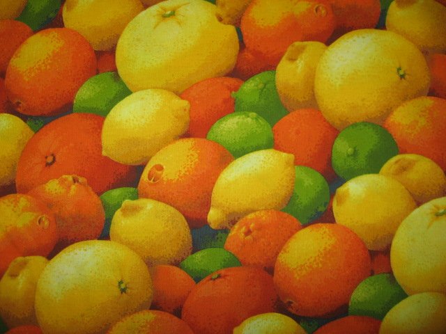 Image 0 of orange lemon lime Citrus Fruit  Kyle's Marketplace Fabric  1/2  yard