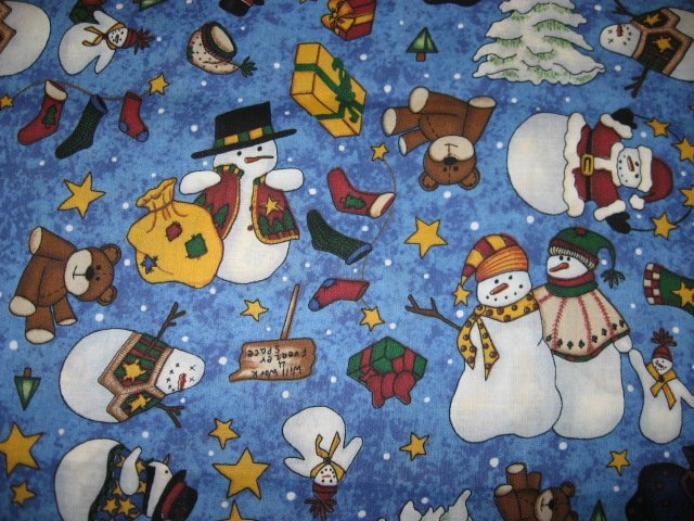 Image 0 of Snowman Teddy bear stars Christmas tree Cotton fabric by the quarter yard FQ 