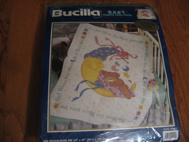 Bucilla Teddy bear on moon pre quilted crib cover Cross stitch Kit 34 X 43 