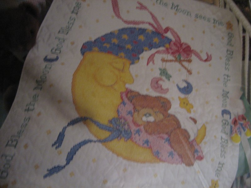 Image 1 of Bucilla Teddy bear on moon pre quilted crib cover Cross stitch Kit 34