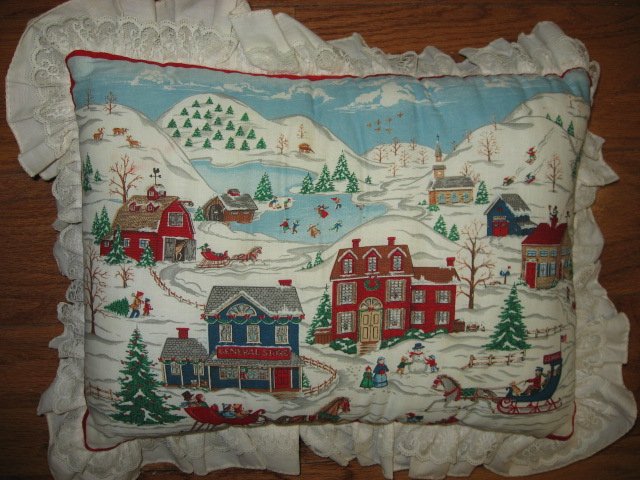 Victorian snow scene Rectangular handmade 10X14 cotton Pillow with ruffle